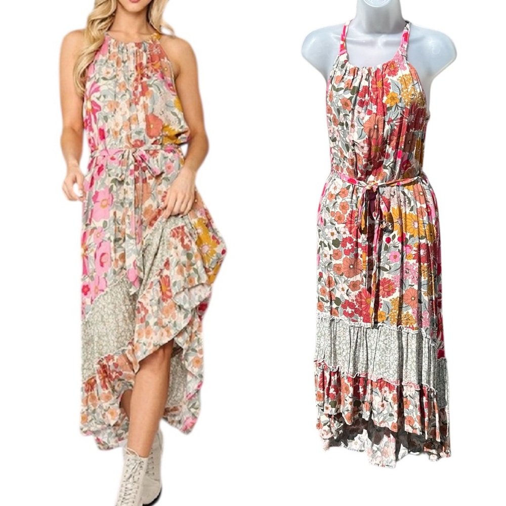 GiGiO Women Sz S Floral Tiered Halter Neck High Low Sleeveless Boho Maxi Dress